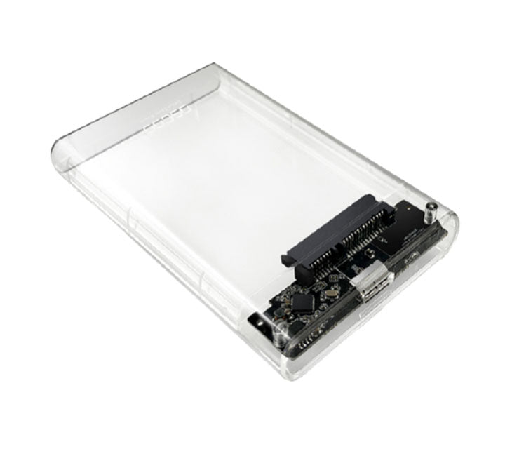 OSCOO OSHD1 premium transparent 2.5-inch SATA hard drive and SSD external enclosure showcasing its internal circuit board.