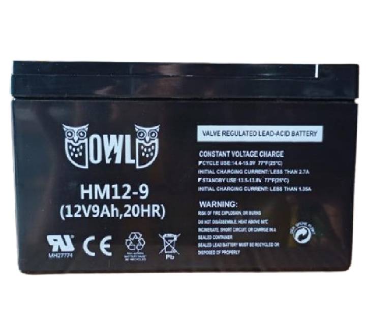 Front view of OWL HM12-9 12V 9Ah rechargeable lead-acid battery showing terminals.