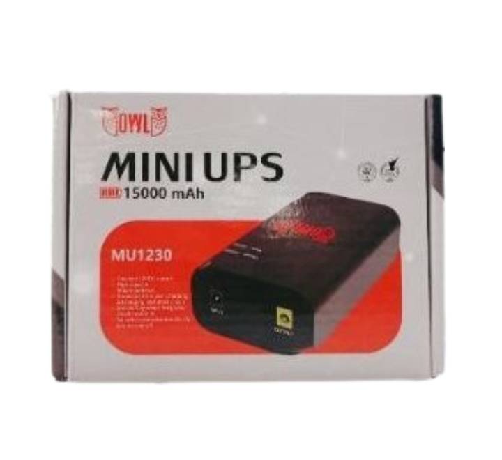 OWL MU1230 Mini DC UPS 15000mAh front view showcasing indicator lights and output ports