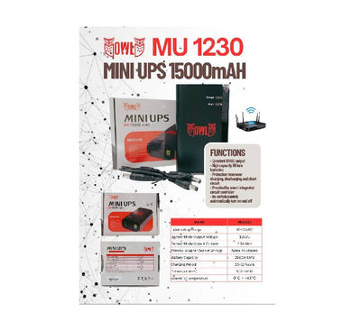 OWL MU1230 Mini UPS connected to a Wi-Fi router providing backup power during a power outage