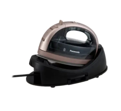 Side profile of the pink gold Panasonic NI-WL35PNSH cordless steam iron sitting on its power base