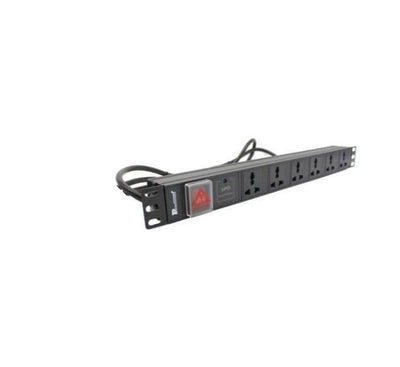 Close-up of Paramount PDU 6 universal output sockets and heavy-duty UK input power plug