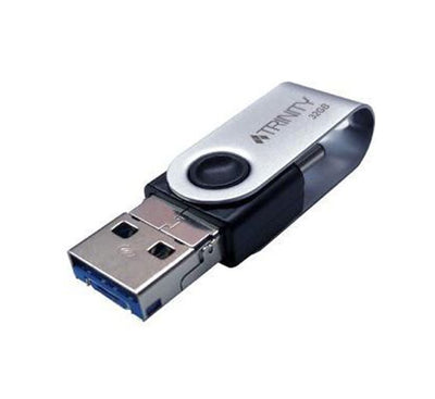 Front view of the Patriot Trinity 3-in-1 32GB USB Flash Drive showcasing its multi-connector design.