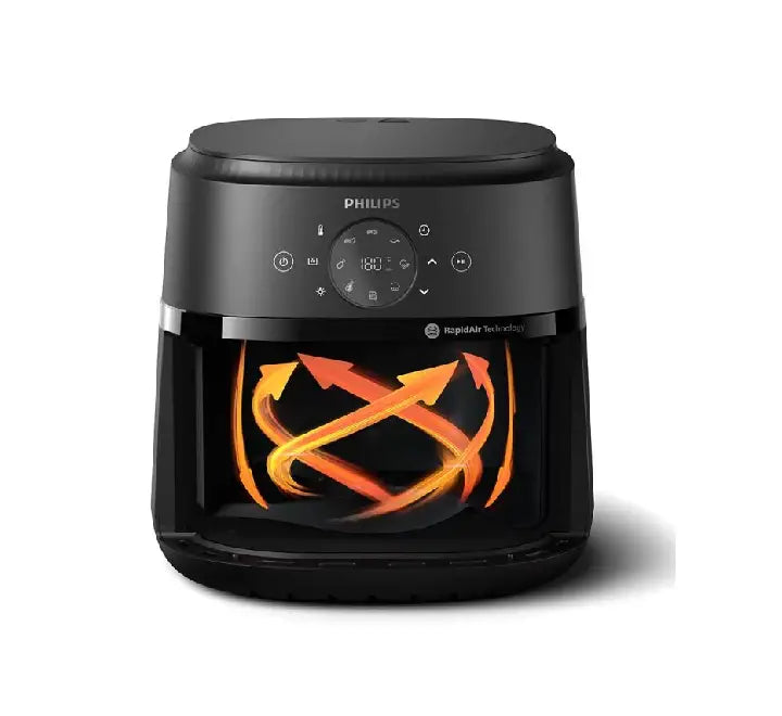 Close-up of Philips NA220 Airfryer featuring transparent viewing window and sleek silver basket handle