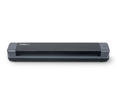 Plustek MobileOffice S410 Plus portable sheet-fed document scanner in black, showing the compact paper slot and front feed entry.