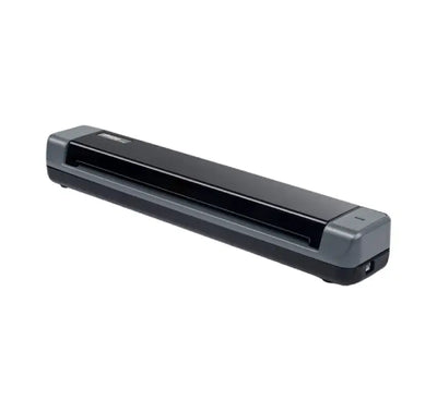 A sleek black Plustek MobileOffice S410 Plus scanner on an office desk, scanning a document while powered via USB cable connected to a laptop.