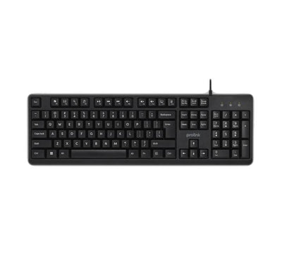 Full-size Prolink GK-1006M wired multimedia keyboard in matte black, showing the complete 104-key layout and integrated standard number pad.