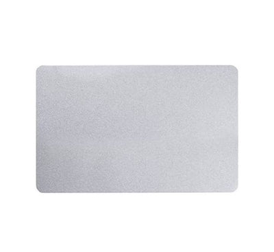 Close-up view of standard CR80 size metallic silver blank PVC card showing smooth texture and durability