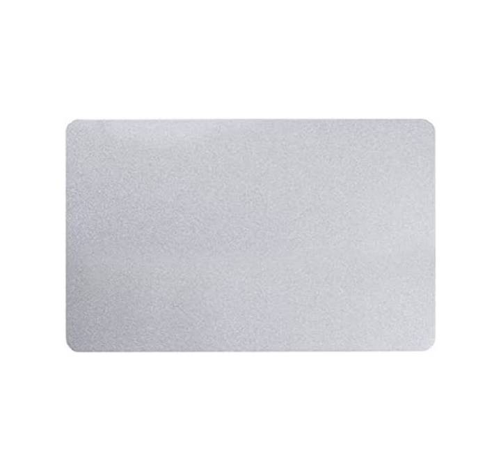 Close-up view of standard CR80 size metallic silver blank PVC card showing smooth texture and durability