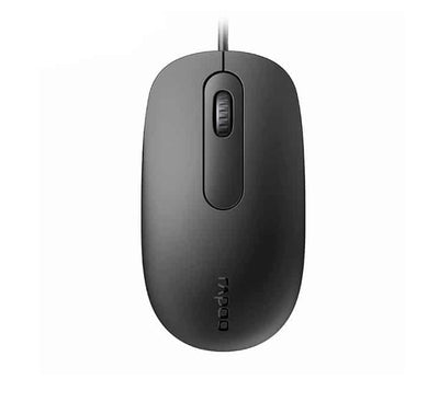 Rapoo N200 Wired Optical Mouse top view in black showing full-size symmetric design