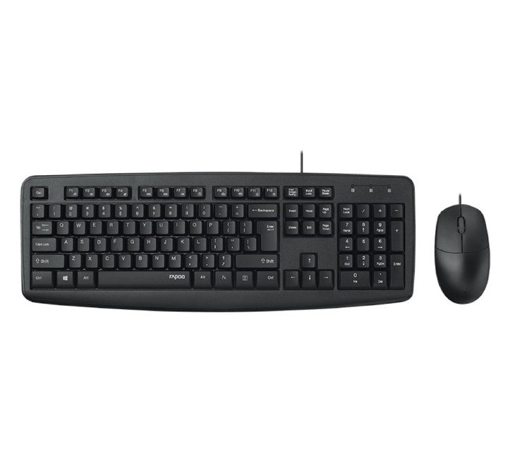 Rapoo NX1600 wired optical keyboard and mouse combo in black shown together on a clean desk setup.