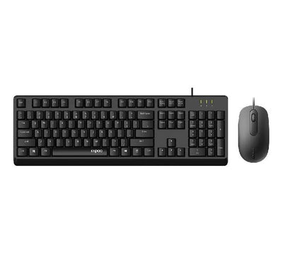 Rapoo X130 Pro wired keyboard and mouse combo in black laid out cleanly on a workspace desk.