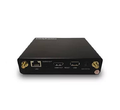 Rear view of the rediShow OD-007 receiver illustrating the hardware interfaces including HDMI out, Gigabit LAN, USB ports, and power input.