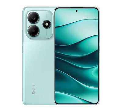 Front and back view of the Xiaomi Redmi Note 14 5G in Forest Green, showcasing its slim profile and modern dual-camera setup.