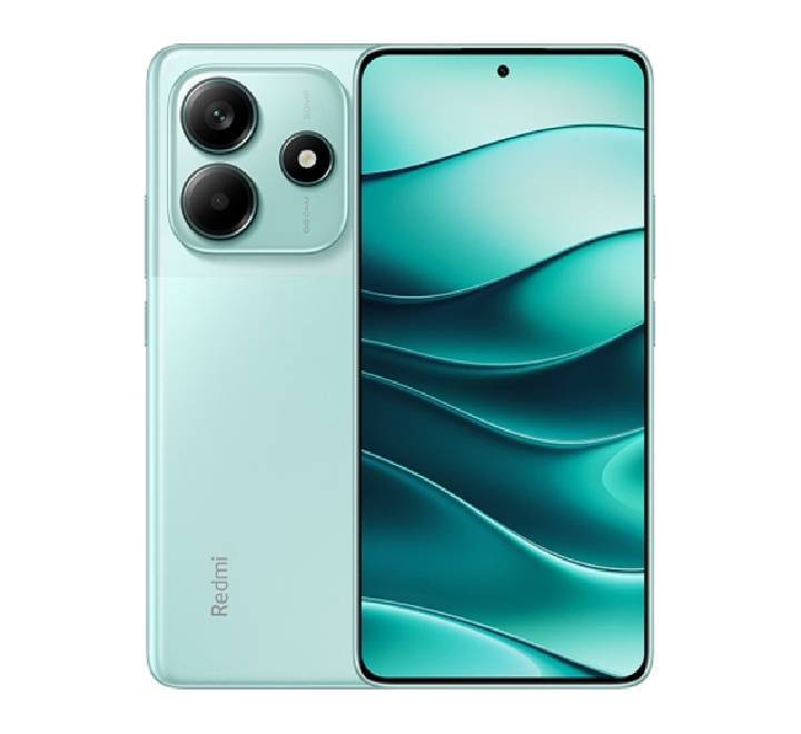 Front and back view of the Xiaomi Redmi Note 14 5G in Forest Green, showcasing its slim profile and modern dual-camera setup.