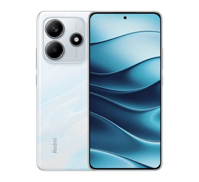 Close-up of the clean Glossy White Redmi Note 14 5G variant, emphasizing its premium hand-feel and sleek camera island layout.