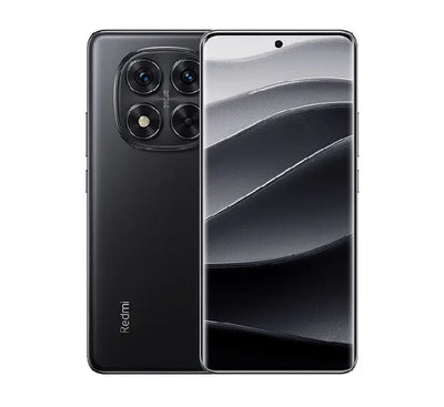 Front and back view of the Redmi Note 14 Pro 5G in Titan Black, highlighting its sleek dark premium finish and triple camera setup.