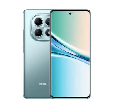 Front and back view of the Redmi Note 15 5G in Glacier Blue highlighting the 6.77" AMOLED display.