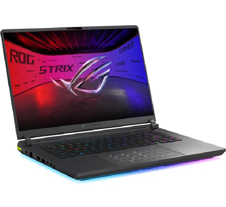 Side profile of ASUS ROG Strix G16 2025 showing Thunderbolt 4 ports and intelligent cooling vents for NVIDIA RTX 5060 GPU.