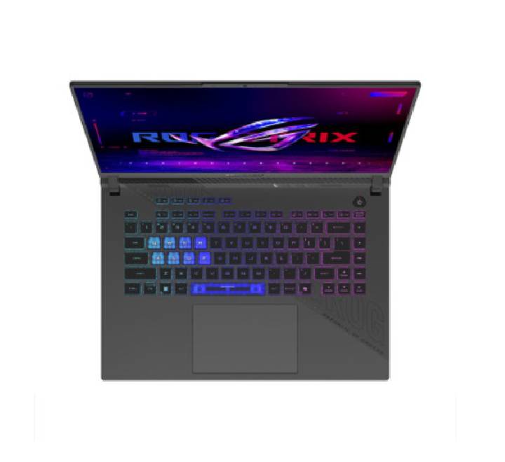 Left-side profile view of the ASUS ROG Strix G16 showing the intelligent cooling exhaust vents, USB-C USB4 ports, HDMI 2.1, RJ-45 Ethernet port, and power input.