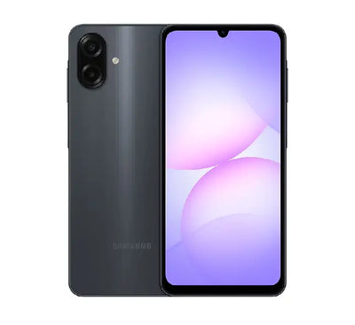 Samsung Galaxy A07 in Charcoal Black, featuring a 6.7-inch screen and 128GB storage with a sleek, professional matte finish.