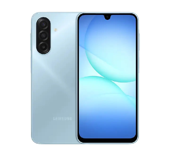 Samsung Galaxy A17 in Blue color, showcasing the Super AMOLED display and IP54 water resistance.