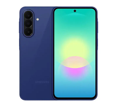 Front and back view of the Samsung Galaxy A27 5G in Blue showing the 6.7 inch Super AMOLED display and 50MP triple camera system.