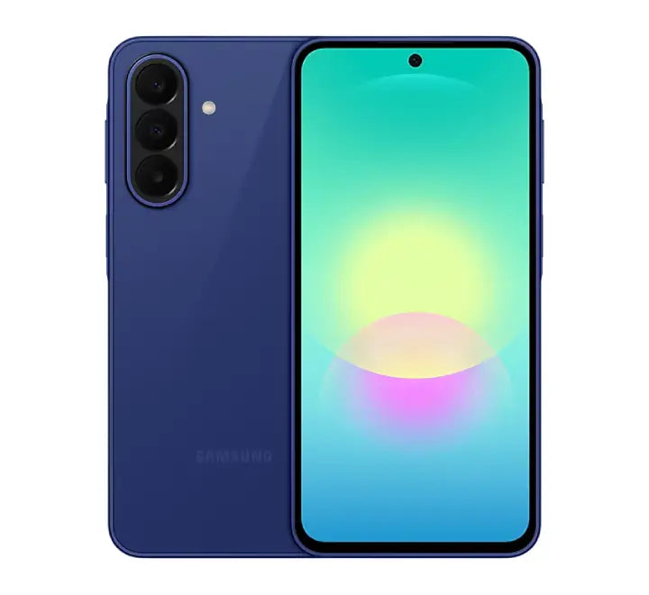Front and back view of the Samsung Galaxy A27 5G in Blue showing the 6.7 inch Super AMOLED display and 50MP triple camera system.