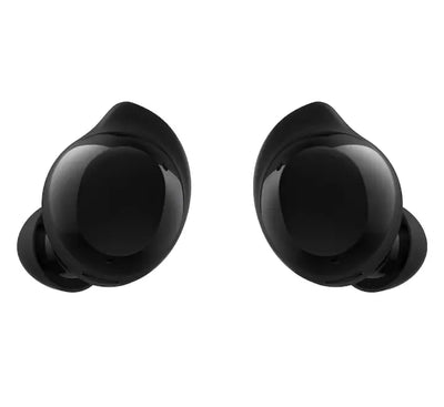 Samsung Galaxy Buds Core true wireless earbuds in Black color showing the ergonomic wingtip profile and 3-microphone layout inside the charging case.