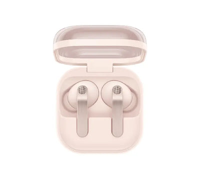 Elegant Pink Gold Samsung Galaxy Buds4 Pro high-resolution audio earbuds displayed inside their open matte charging case.