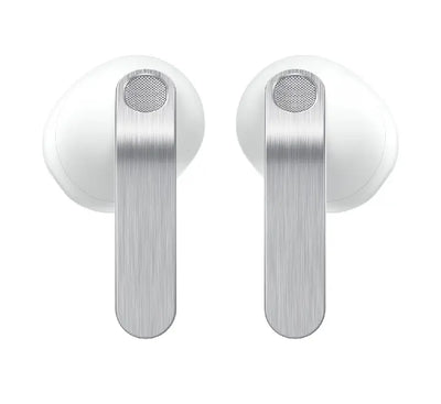 Close-up profile view of the white Samsung Galaxy Buds4 wireless earbud being worn, highlighting its computational open-fit blade design.