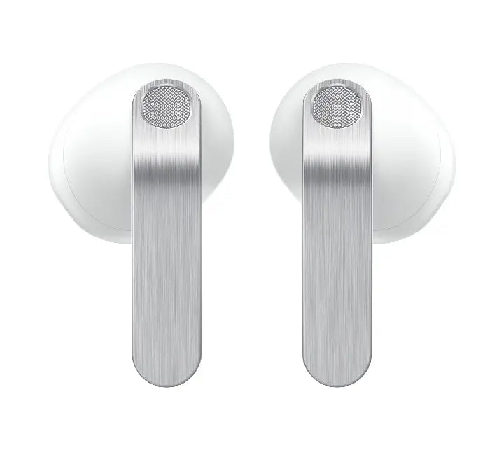 Close-up profile view of the white Samsung Galaxy Buds4 wireless earbud being worn, highlighting its computational open-fit blade design.