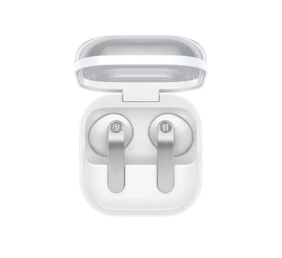 Samsung Galaxy Buds4 true wireless AI earbuds in White inside the signature charging case with transparent cover, model SM-R540.
