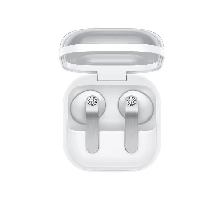 Samsung Galaxy Buds4 true wireless AI earbuds in White inside the signature charging case with transparent cover, model SM-R540.