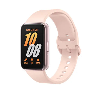 Elegant Pink Gold version of the Samsung Galaxy Fit3 fitness band showing the analog watch face interface style.