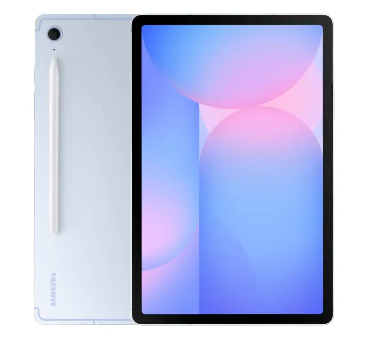 Front view of Samsung Galaxy Tab S10 FE 128GB in Blue displaying the 10.9-inch home screen with matching S Pen.