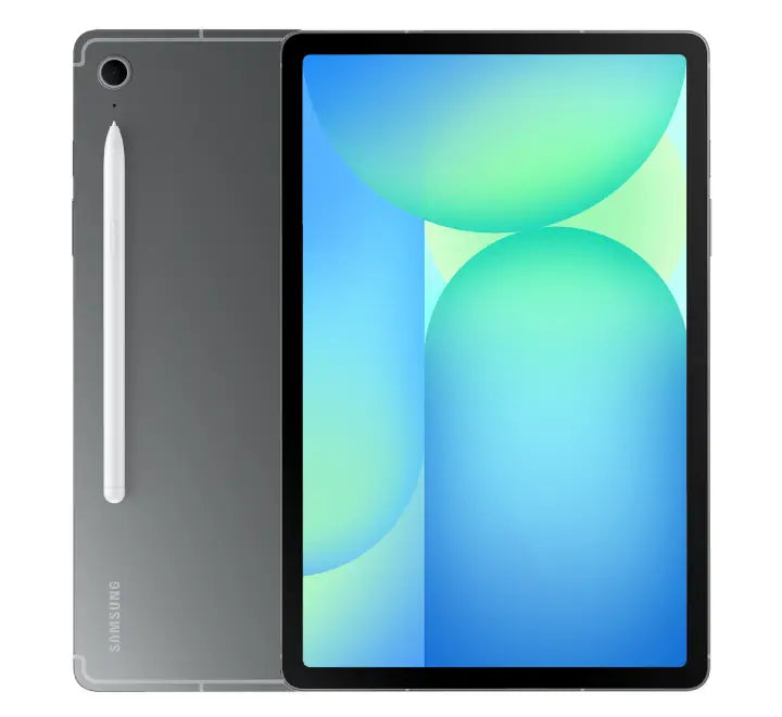 Rear view of Samsung Galaxy Tab S10 FE 128GB in Grey showing the aluminum casing, dual camera module, and magnetic S Pen storage.