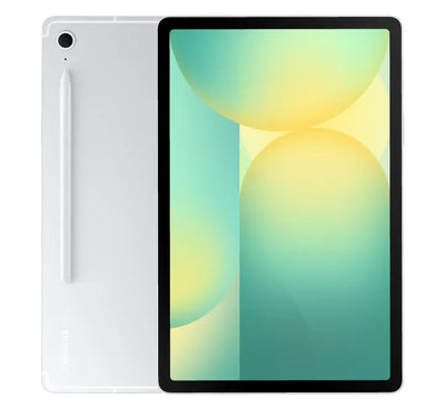 Samsung Galaxy Tab S10 FE 128GB in Silver angled on a desk, illustrating its slim 6mm profile and thin display bezels.