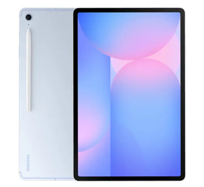 Front view of the 12.4-inch Samsung Galaxy Tab S10 FE Plus 128GB in Light Blue with its included S Pen active on the screen.