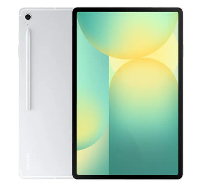 Side profile view of the slim Silver Samsung Galaxy Tab S10 FE Plus showing the low-latency S Pen magnetically docked to the back charging strip.