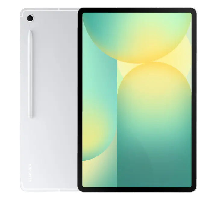 Side profile view of the slim Silver Samsung Galaxy Tab S10 FE Plus showing the low-latency S Pen magnetically docked to the back charging strip.
