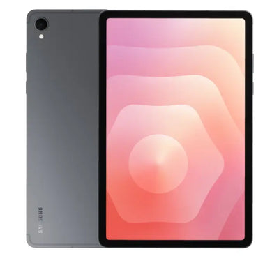 Front perspective view of the Samsung Galaxy Tab S11 256GB base model in Grey displaying a vibrant home screen background with the matching S Pen alongside.