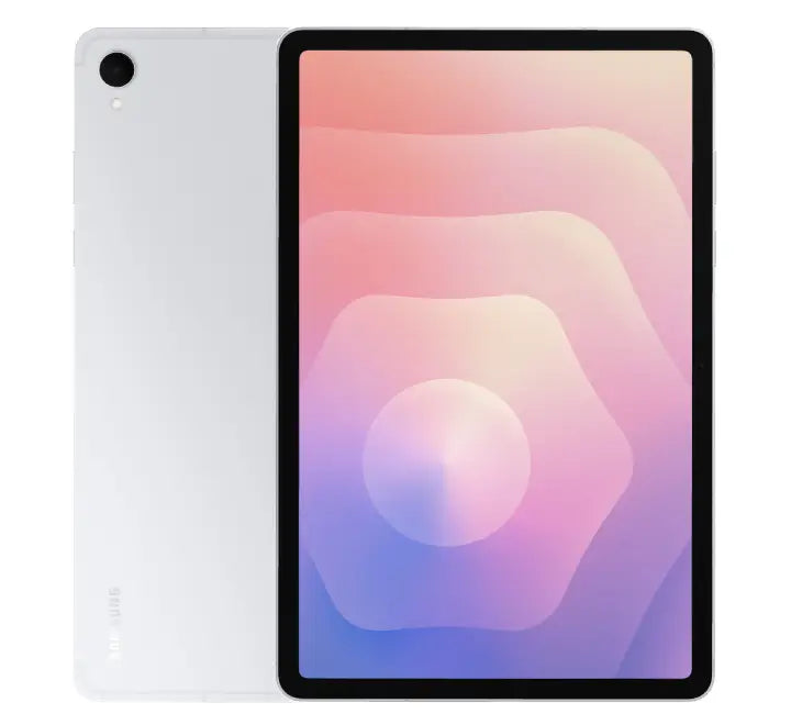 Front design view of the sleek Samsung Galaxy Tab S11 256GB in Silver showcasing its ultra-thin screen bezels and dynamic digital workspace display.