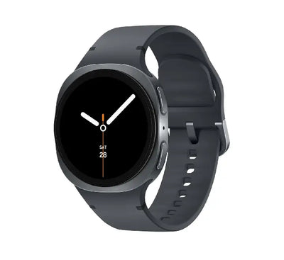 Front view of the sleek 40mm Samsung Galaxy Watch8 in Graphite showing the bright circular Super AMOLED screen face.