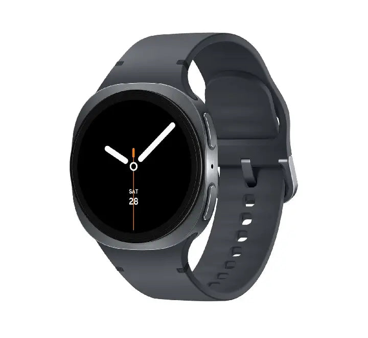 Front view of the sleek 40mm Samsung Galaxy Watch8 in Graphite showing the bright circular Super AMOLED screen face.