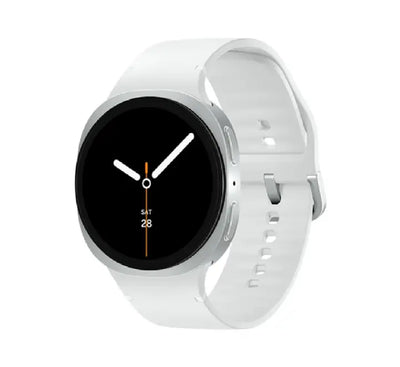 Modern Silver model of the compact 40mm Samsung Galaxy Watch8 fitted with a clean sports watch band variant.