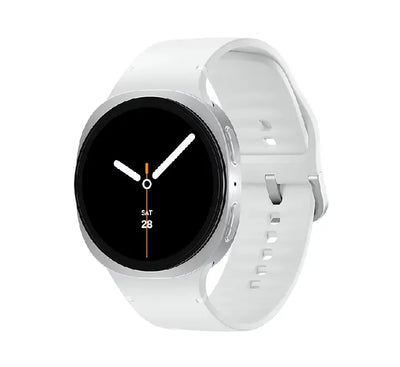 Front view of the 44mm premium Samsung Galaxy Watch8 in Silver showcasing its ultra-bright round AMOLED display screen.