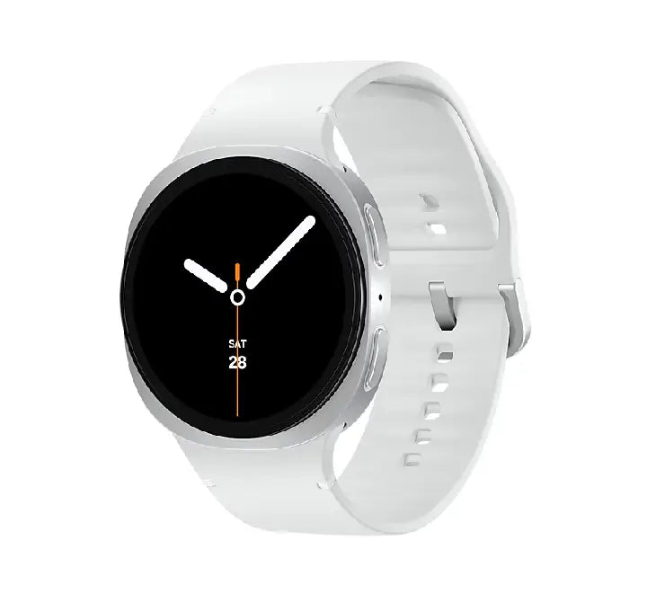 Front view of the 44mm premium Samsung Galaxy Watch8 in Silver showcasing its ultra-bright round AMOLED display screen.