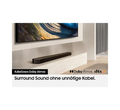Graphic representation of Samsung HW-Q930D/XT soundbar utilizing Q-Symphony to synchronize audio directly with a Samsung Neo QLED TV.