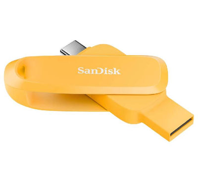 Yellow SanDisk 256GB dual phone drive plugged into the USB-C port of an Android phone, offloading high-resolution video files.